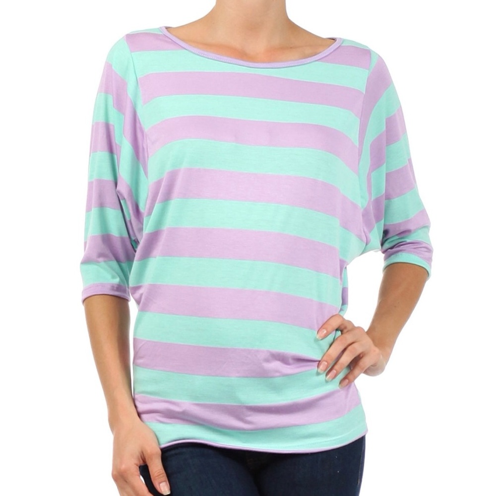Pastel Purple and Blue Sriped Dolman Relaxed Silhouette Top